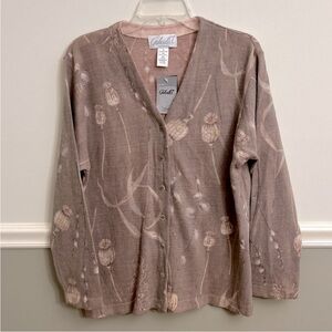 Gabriella T. Light Brown Floral Merino Wool Made in Italy Cardigan Size Large